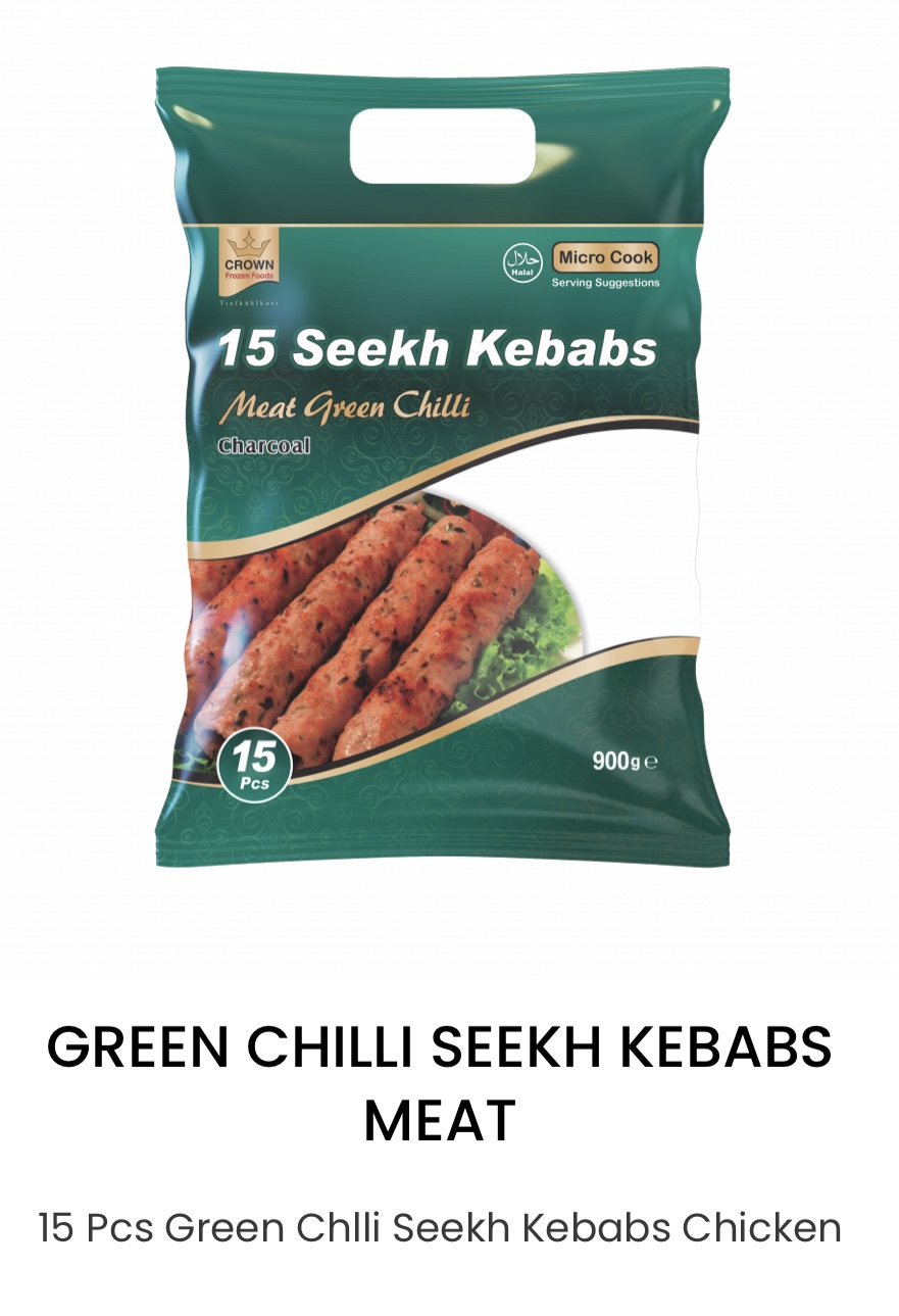 Crown 15 Pcs Green Chlli Seekh Kebabs Chicken 900g